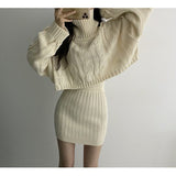 Korean Autumn And Winter French Gentle Hemp High-Necked Short Sweater + Knitted Skirt Woman HZ1220
