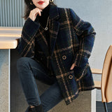 2025 Autumn And Winter New Fashion Korean Loose Thin Retro Lattice Splicing Hundred Suit Collar Hair Coat Woman HZ1220