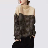 2025 Autumn And Winter New Lazy Wind High-Neck Long Sleeves Colliding Splicing Knitted Shirt Retro Loose Jacket Warm Sweater HZ1220
