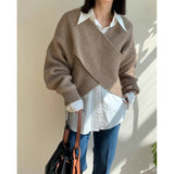 South Korea Dongdaemun Autumn And Winter New Temperament Simple V-Neck Cross-Design Sense Loose Knitted Sweater HZ1220