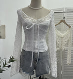 Real Shooting Merard Wind Strapted Bow Splicing Lace Pure Desire Blouse Folding Body Short Blouse 6015 HZ1208