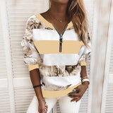 2025 Women's New Digital Printing Zipper V-Neck Loose Leisure Clothing Long-Sleeved Top HZ1220