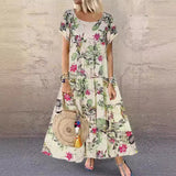 2025 Explosion Women's Vintage Flower Printed Short Sleeve Round Dress HZ1220