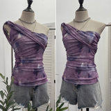 Net Yarn Printed Slanted Shoulder Sling Vest Retro Design Folding Temperament Short Blouse 8009 HZ1208