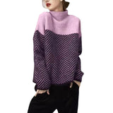 2025 Autumn And Winter New Lazy Wind High-Neck Long Sleeves Colliding Splicing Knitted Shirt Retro Loose Jacket Warm Sweater HZ1220