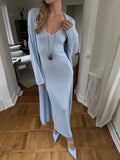 2025 Hot Knitted Hollow Vest Long Skirt + Long Sleeve Open Shirt Set Women's Soft Knitwear Shirt HZ1208