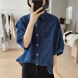 Cowboy Shirt Women's Lantern Five-Sleeve Summer New Loose Slim Vintage Small Design Simple Shirt Shirt HZ1220