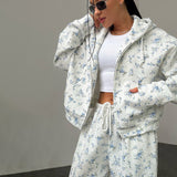 Hot Sale Of Broken Flower Hoodie Set Of Women's Short Zipper Coat Draw Rope Wide Leg Pants Fresh Print Autumn And Winter HZ1208