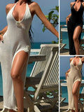 Ocean Beach Hooded Jersey Hollow Knitted Back Sexy Open Slings Long Beach Skirt Sun Protection Suit HZ1208