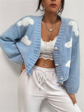Autumn Loose V-Neck Clouds Fall Shoulder Knitted Cardigan Three Buckle Sweater Short Coat HZ1208