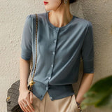 Micro-Permeable Knitted Jersey Women's Early Spring Round Collar Collar In The Middle Sleeve Ice Silk Thin Model Hit The Bottom Of The Coat Female Ocean HZ1208