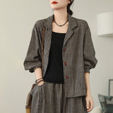 Spring 2025 Vintage Literary Striped Large-Size Cardigan Coat + Wide-Legged Harlan Pants Two Sets Of Women HZ1220