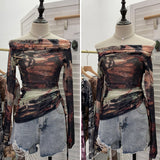 Vintage Graffiti-Printed Shoulder-Threin Mesh Long-Sleeved Blouse Side Drawstring Tethered With Slime T-Shirt 8959 HZ1208