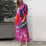 2025 Spring And Summer Women's Fashion Casual Printing Loose Open Fork Bag Long Shirt Shirt Dress HZ1220