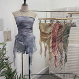 2025 New Summer Tie-Dye Lotus Side Mesh Yarn Irregular Fluttering Thai Mesh Wrap Tector Blouse HZ1208