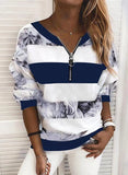 2025 Women's New Digital Printing Zipper V-Neck Loose Leisure Clothing Long-Sleeved Top HZ1220