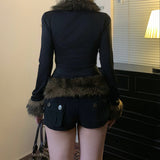 2025 Autumn New Street Style Y2K Retro Wool Collar Splicing Leather Buckle Waist Jacket Casual Top HZ1220