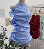 Spicy Design Sleeveless Leaves Three-Dimensional Flower Blouse Atmosphere Slimming Waist 1166 HZ1208