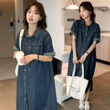 2025 Korean Summer Denim Dress Women Loose Short-Sleeved Retro Age-Reduced Pregnant Women's Skirt HZ1220