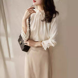 2025 Spring Long-Sleeved Shirt Elegant Temperament Loose Wooden Ear Collar Loose French Silk Silk Top Woman HZ1220