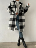 Autumn And Winter Buckle Collar Plush Lattice Coat Loose Temperament Commute Long Coat Woman HZ1220