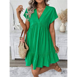 Women's Dress 2025 Summer Holiday Windy Windy Leaves Edge V Collar Solid Loose Short Skirt HZ1208