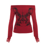 Sub-Cultural Personality Hottie Style Shoulder Dark Print T-Shirt Lace Side Long Sleeves To Dress Casual Blouse HZ1220
