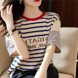 2025 Version Of Loose Good-Looking Youth-Down Navy Blouse Woman! Letters Printed Short-Sleeved Cotton Striped T-Shirt HZ1220