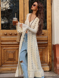 Single Attitude Babes Personality Style Long Design Knitted Cardigan Women's Hollow Hook Flower Solid Color High Sense HZ1208