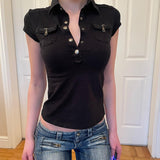 Women's Fashion Street Trend Artificial Style Collar Foundation Solid Color Hottie Short-Sleeved T-Shirt Blouse New HZ1220