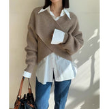 South Korea Dongdaemun Autumn And Winter New Temperament Simple V-Neck Cross-Design Sense Loose Knitted Sweater HZ1220