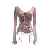 Design Lace Splicing Long-Sleeved T-Shirt Women's Bow Strap Hollow Irregular Blouse 6179 HZ1208