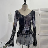 Design Lace Splicing Long-Sleeved T-Shirt Women's Bow Strap Hollow Irregular Blouse 6179 HZ1208