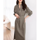 Temperament Commuting Long Sleeves Wearing Skirts In The Fall Of 2025 New V-Neck Waist Thin Shirt Dress Lady HZ1220