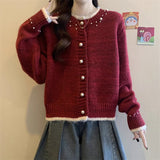 Design With A Soft Glutinous Nail Beads Color Short Cardigan Knitted Sweater Women's Spring And Autumn New Loose Chic Top HZ1208