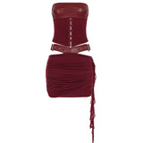 Sexy Leather Suit PU Leather Splicing Waist Tsets Hollow Folding Net Lace-Uped Ass Skirt HZ1220