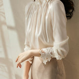 2025 Spring Long-Sleeved Shirt Elegant Temperament Loose Wooden Ear Collar Loose French Silk Silk Top Woman HZ1220