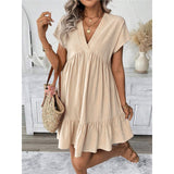 Women's Dress 2025 Summer Holiday Windy Windy Leaves Edge V Collar Solid Loose Short Skirt HZ1208
