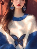 2025 Early Autumn New Sweater Small Korean Languid Wind Hit Klein Blue Butterfly Print Knitting Top HZ1208