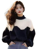 Black And White Half-High Collar Sweater 2025 New Winter Lazy High Feeling Thick Thick Knitted Shirt Top Woman HZ1208