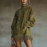Women's Dress 2025 Summer Holiday Windy Windy Leaves Edge V Collar Solid Loose Short Skirt HZ1208