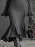 New Fashion Elegant Temperament Zippered Horn Sleeve Knitted Fishtail Skirt HZ1208