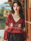 Red Cartoon Embroidery V-Neck Knitted Sweater Women's Autumn And Winter Lazy Wind Loose Leisure Holiday Two Age Reduction Top HZ1208