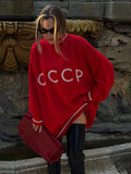 CCCP Red Small Round Collar Sweater Women Loose Retro Knitted Shirt Autumn And Winter Hooded Blouse HZ1208