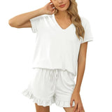 Spring And Summer 2025 New Women's Pure Color V-Neck Shorts Irregular Shorts Sports Casual Home Two Sets HZ1220