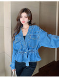 2025 Spring Autumn Explosion Of Denim Nails Hanb, The Collection Of V-Neck Loose Denim Jacket Bf Fashion Women's Top HZ1220