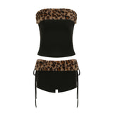 Beware Of Sexy Folded Short Bra Vest Drawstring Low-Rise Shorts Leopard Hair Spliced Two Sets HZ1220