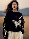 Black Butterfly Print Sweater Women 2025 Autumn And Winter New Loose This Year's Popular Beautiful Design Knitting Top HZ1208