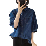 Cowboy Shirt Women's Lantern Five-Sleeve Summer New Loose Slim Vintage Small Design Simple Shirt Shirt HZ1220