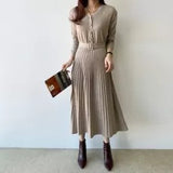 Korean Chic Style French Small Autumn And Winter Thin V-Neck Knitting Big Swing With Bottom 100 Fold Dress Women HZ1220